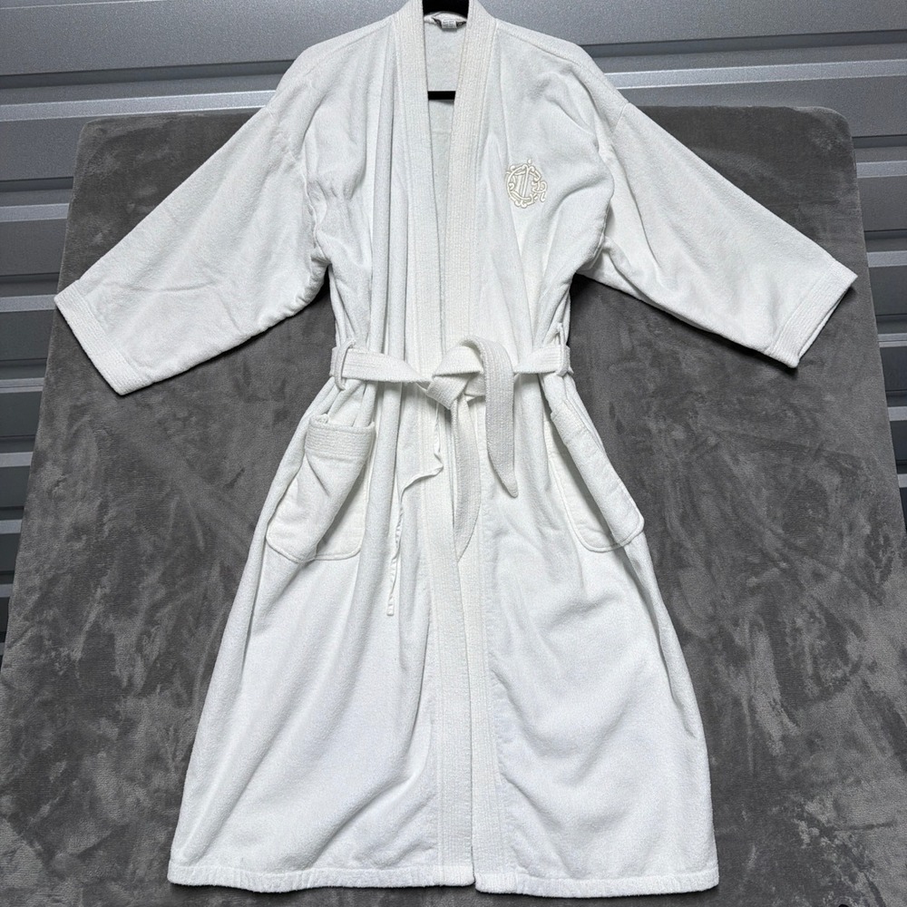Vtg Christian Dior Robe Mens L Cotton Terry Cloth Embroidered Logo Crest Lounge